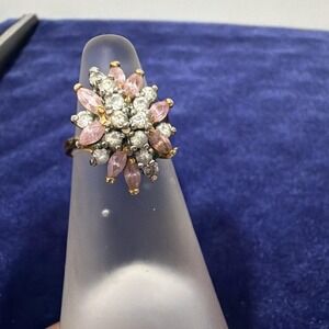 Gold Vermeil 925Sterling Silver Pink Clear Cubic Zirconia Ring Sz 8 Signed EDCO